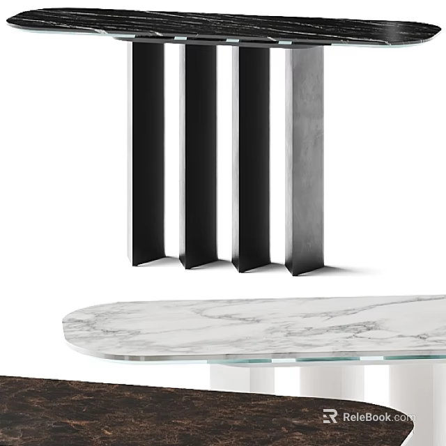 Modern Oval Marble Dining Table With Sleek Glass Base And Black Vertical Accents 3d model 
