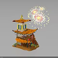 Traditional Chinese Multi story Pagoda With Yellow Roof Red Decorations And Fireworks