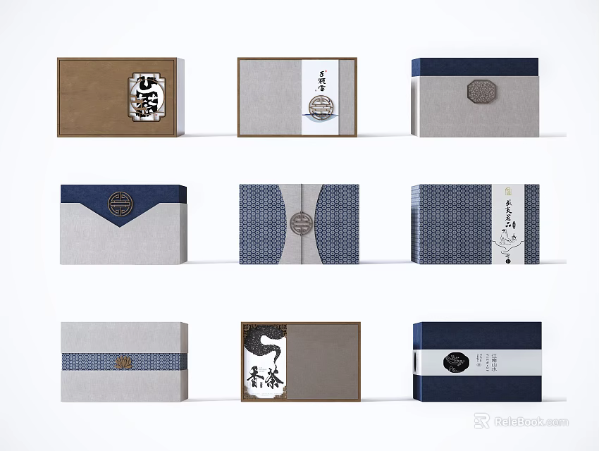 Chinese Style Ornamental Decor Sets With Colored Boxes Striped Patterns And Traditional Motifs 3d model 