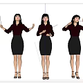 Woman in Red Shirt Black Skirt Posing with Baton Various Gestures on Dark Background