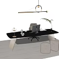 Modern Minimalist Office Desk With Laptop Table Lamp Green Plant Chair And Stools
