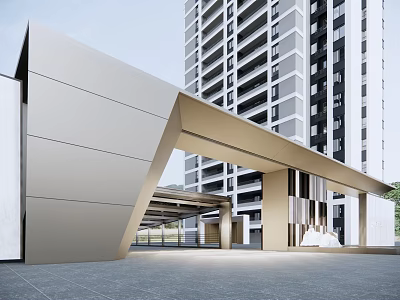 Modern Entrance Gate Design For High Rise Residential Building With Geometric Structure And Glass Elements 3d model