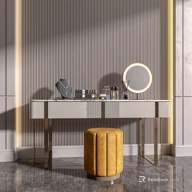 Elegant Modern Dressing Table With Round Mirror Yellow Stool Striped Wall Cosmetics And Decor Items 3d model