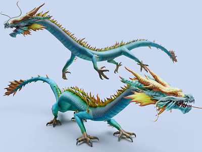 Mythical Flying Blue Green Dragons With Yellow And Orange Manes And Detailed Scales 3d model