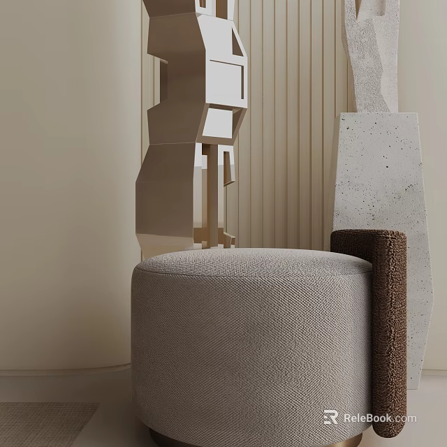 Round Light Gray Velvet Side Table With Brown Trim In Modern Interior 3d model 