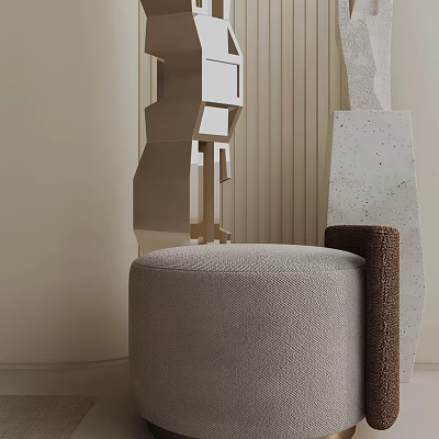 Round Light Gray Velvet Side Table With Brown Trim In Modern Interior 3d model