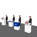 Four White Functional Desks With Blue LOGO Signs Men In Suits And Pink Flower Bouquet