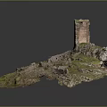 Ancient Ruins on Green Terrain with Tall Tower and Grass Covered Broken Walls