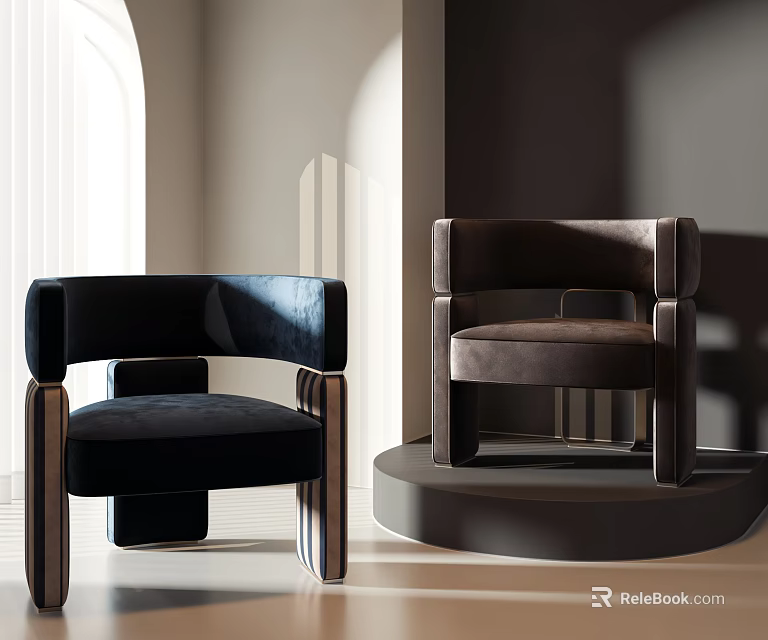 Modern Leisure Chairs With Black And Brown Velvet Upholstery And Wooden Armrests 3d model 