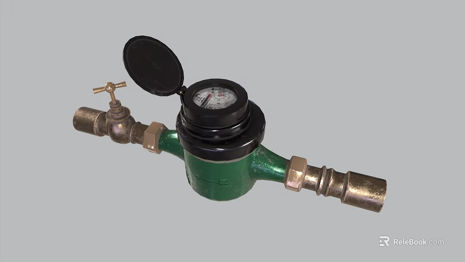 Green Water Meter With Open Black Cover And Brass Valve For Water Measurement 3d model 