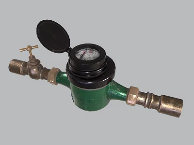 Green Water Meter With Open Black Cover And Brass Valve For Water Measurement 3d model