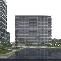 Modern High Rise Residential Building With Glass Facade Surrounding Greenery And Reflection Pool