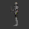 Standing Armored Knight Character Wearing Steel Armor Holding Long Sword in Gray Background