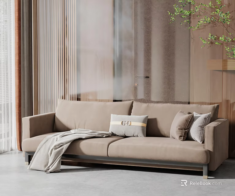 Elegant Modern Two Seater Sofa With Decorative Cushions And Soft Throw Blanket 3d model 