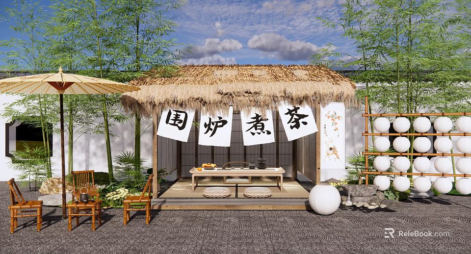 Traditional Courtyard Garden With Thatched Pavilion Bamboo And Tea Stove Setup 3d model 