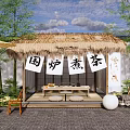 Traditional Courtyard Garden With Thatched Pavilion Bamboo And Tea Stove Setup