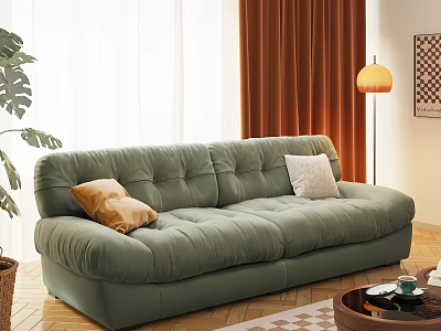 Plush Green Two-seater Sofa With Cushions Pillows Potted Plant And Floor Lamp In Living Room 3d model