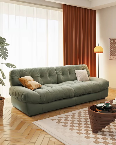 Plush Green Two-seater Sofa With Cushions Pillows Potted Plant And Floor Lamp In Living Room 3d model