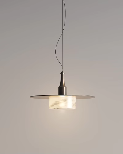 Minimalist Modern Pendant Light With Metal Frame Marble Pattern Shade Cylindrical Body And Circular Base 3d model