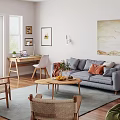 Cozy Living Room Interior With Gray Sofa Orange Cushions Wooden Coffee Table And Wicker Chair