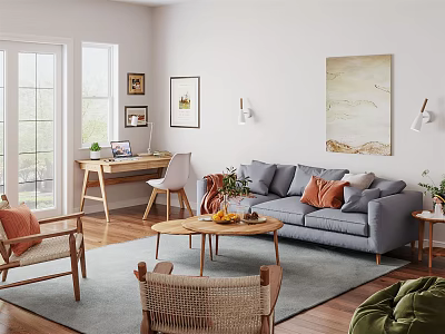 Cozy Living Room Interior With Gray Sofa Orange Cushions Wooden Coffee Table And Wicker Chair 3d model