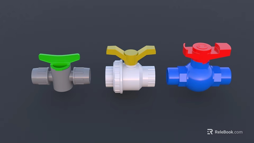 Different Colored Pipe Valves With Green Yellow Red Handles For Plumbing Systems 3d model 