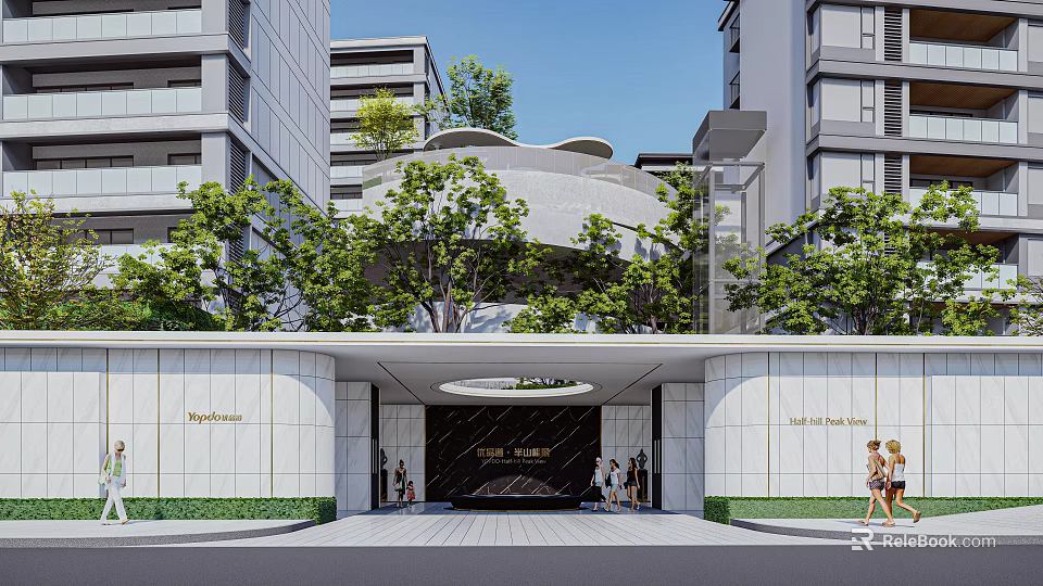 Modern Residential Entrance Gate With Greenery And Info Center Signage 3d model 
