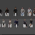 Group of People Sitting on White Cubes with Various Poses and Attire