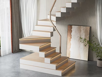 Modern Spiral Staircase With Lighting In Interior With Art And Plant 3d model