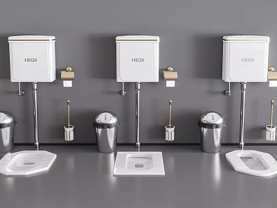 HEGII Toilet With Water Tank Accompanied By Toilet Brush And Trash Can 3d model
