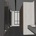 Modern Public Restroom Interior With White Urinals Black Partitions And Decorative Paintings
