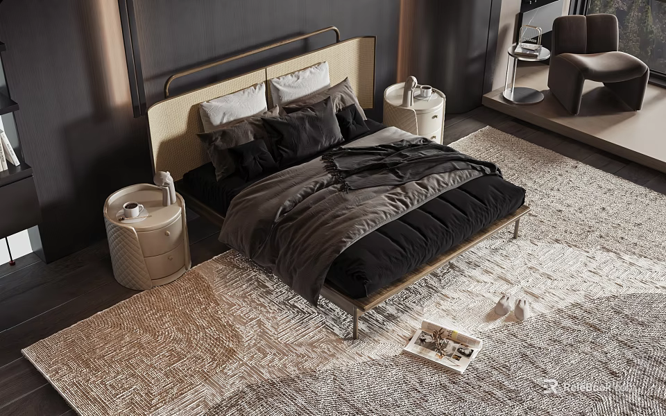Modern Double Bed With Light Colored Headboard Black Gray Bedding And Textured Rug 3d model 