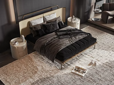 Modern Double Bed With Light Colored Headboard Black Gray Bedding And Textured Rug 3d model
