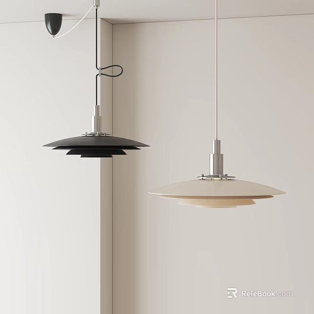 Two Minimalist Pendant Lights With Black And Beige Metal Layered Discs In White Room 3d model 