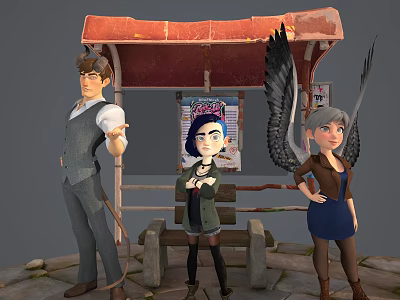 Man In Gray Suit Blue Haired Woman And Winged Creature At Bus Stop With Poster 3d model