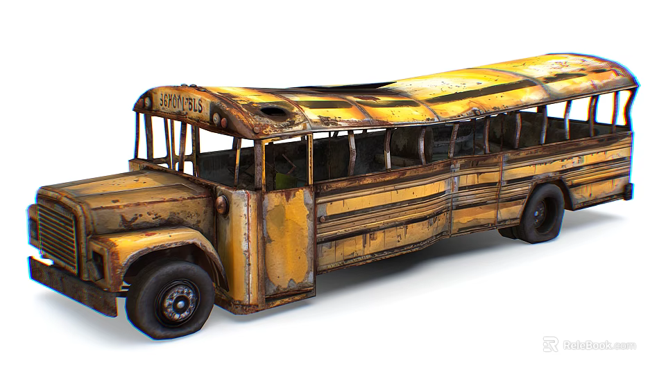 Vintage Yellow School Bus With Rusty Body And Aged Exterior Details 3d model 