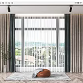 Layered Sheer and Solid Curtains in Neutral Tones for Living Room Window City View