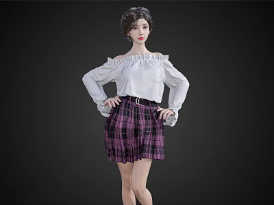 Stylish Woman in Off Shoulder White Top and Purple Plaid Skirt with Hands on Hips 3d model