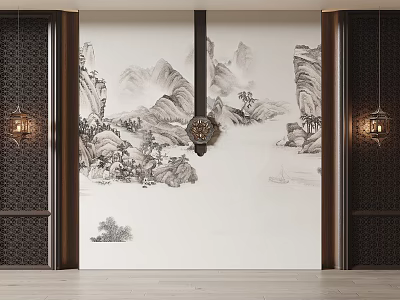 Chinese Style Sofa Background Wall With Landscape Mural And Lanterns 3d model