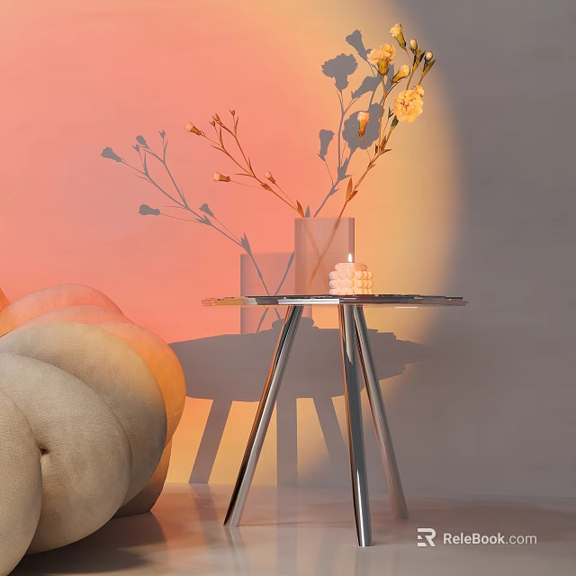 Modern Side Table with Metal Frame Glass Top and Vase of Flowers by Sofa 3d model 