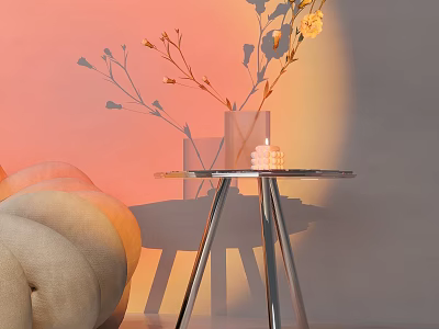 Modern Side Table with Metal Frame Glass Top and Vase of Flowers by Sofa 3d model