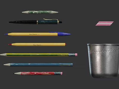 Assorted Stationery Collection Including Pens Colored Pencils Eraser And Metal Holder 3d model
