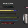 Assorted Stationery Collection Including Pens Colored Pencils Eraser And Metal Holder