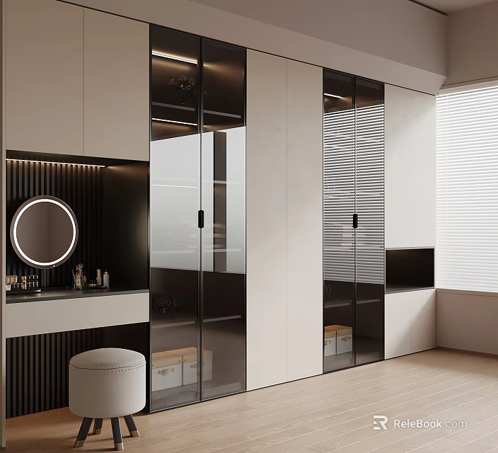 Modern Dressing Table Interior Design With Glass Doors And Round Mirror 3d model 