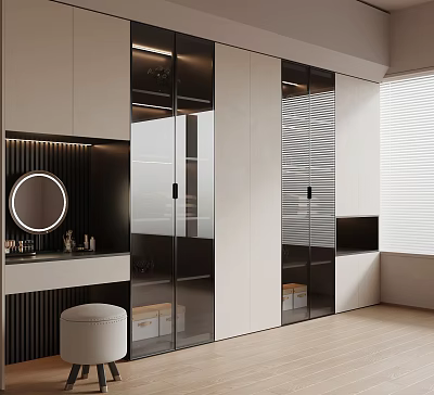 Modern Dressing Table Interior Design With Glass Doors And Round Mirror 3d model