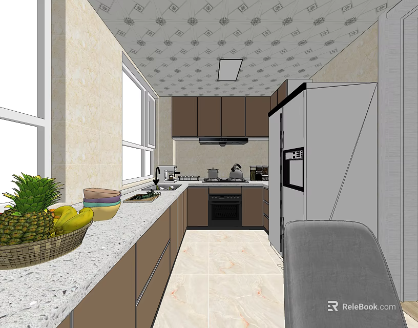 Modern Kitchen Interior With Dark Brown Cabinets Marble Countertop And Fruit Basket 3d model 