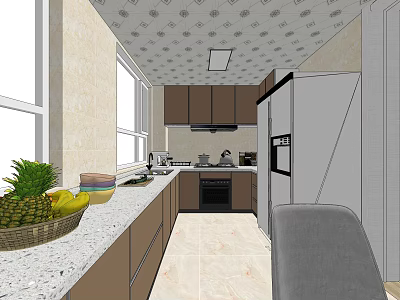 Modern Kitchen Interior With Dark Brown Cabinets Marble Countertop And Fruit Basket 3d model