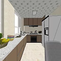 Modern Kitchen Interior With Dark Brown Cabinets Marble Countertop And Fruit Basket
