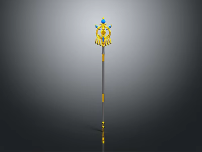 Fantasy Staff Weapon With Golden Decorative Top And Blue Gemstone On Dark Shaft 3d model