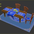 Wooden Dining Table With Blue Patterned Tablecloth And Chairs On Blue Rug With Book Cup